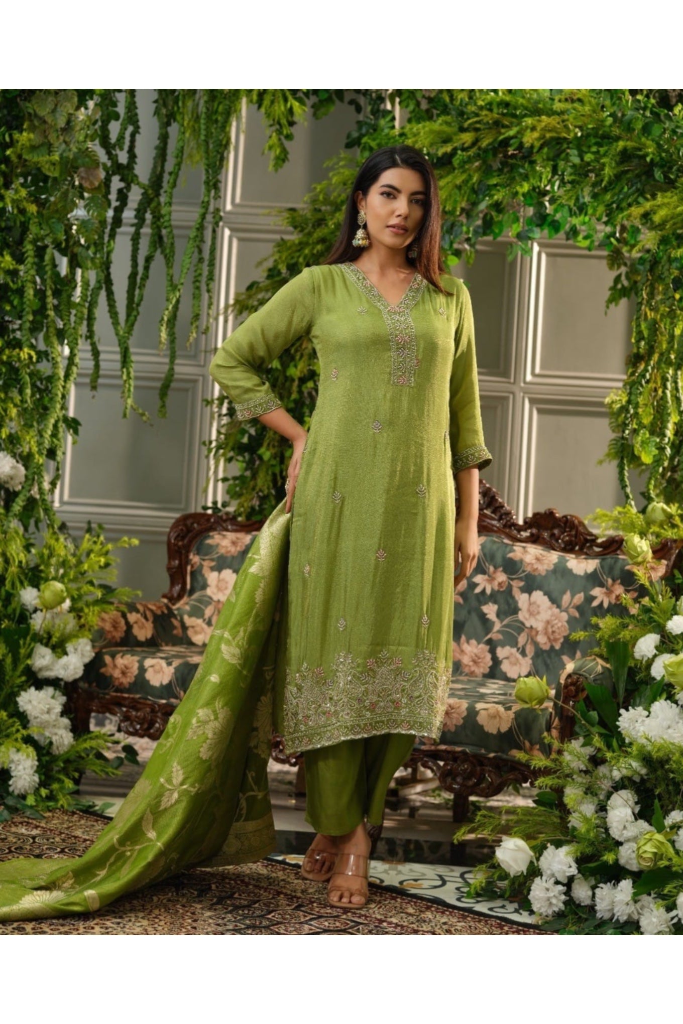 Olive Green Traditional Suit Set