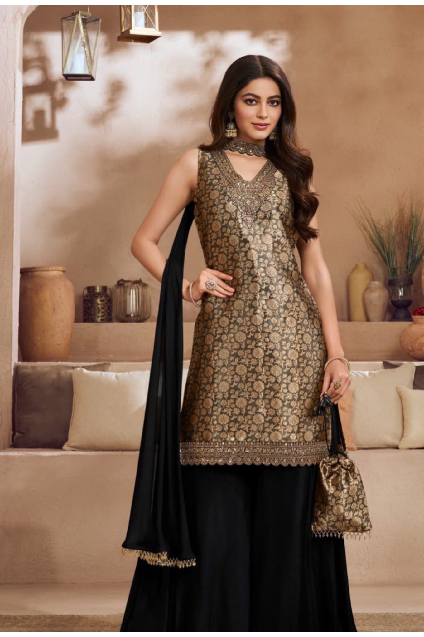 Black Brocade Silk Suit Set